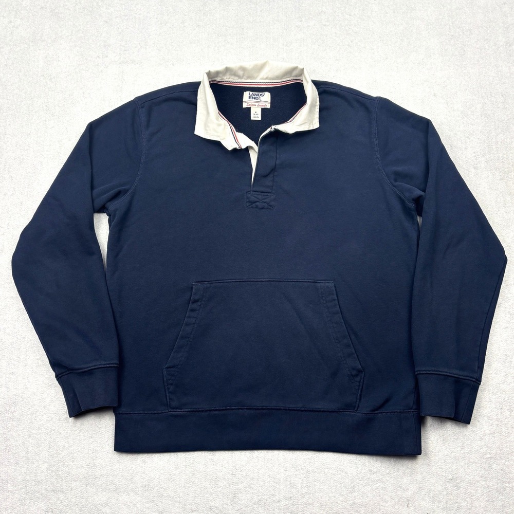 Lands End Serious Sweats Mens Medium Navy Blue Rugby Collar Fleece Sweatshirt M
